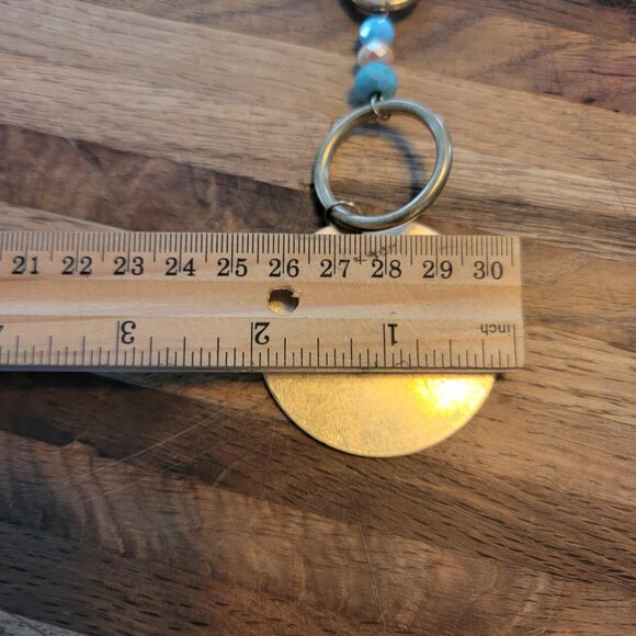 Y Pendant Necklace Blue/White Beads Large Golden Disc Leather Cord - Picture 10 of 14